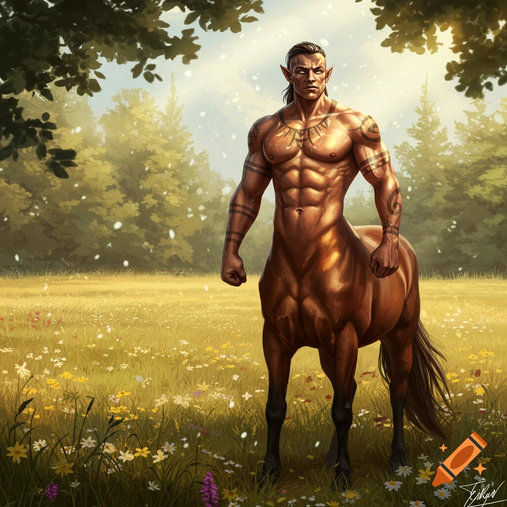 A muscular male centaur with tribal tattoos stands in a sunlit meadow amidst wildflowers, with trees in the background.