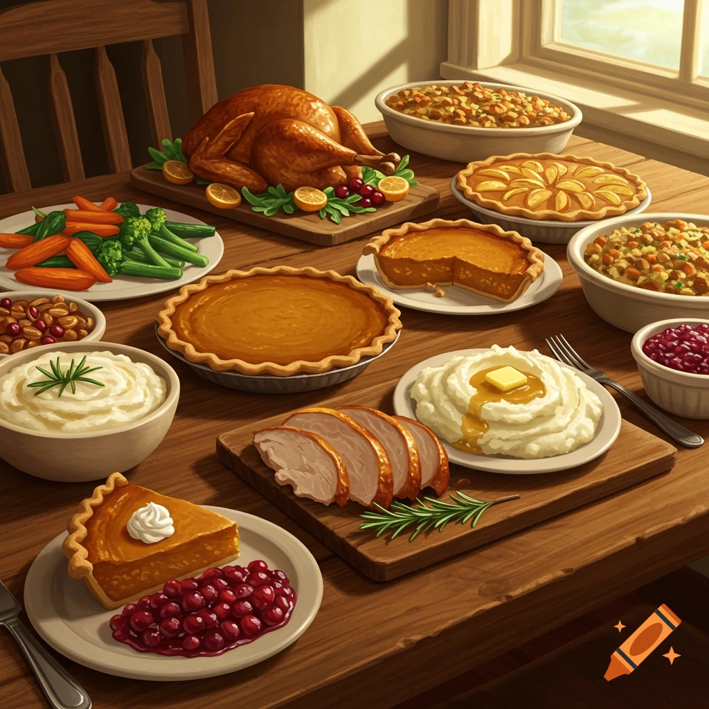 A vibrant, overhead shot of a Thanksgiving feast on a wooden table, featuring a roasted turkey, pies, mashed potatoes, and cranberries.