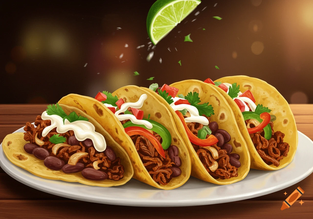 Four colorful illustrative tacos with various fillings on a white plate, a lime wedge squeezing juice.