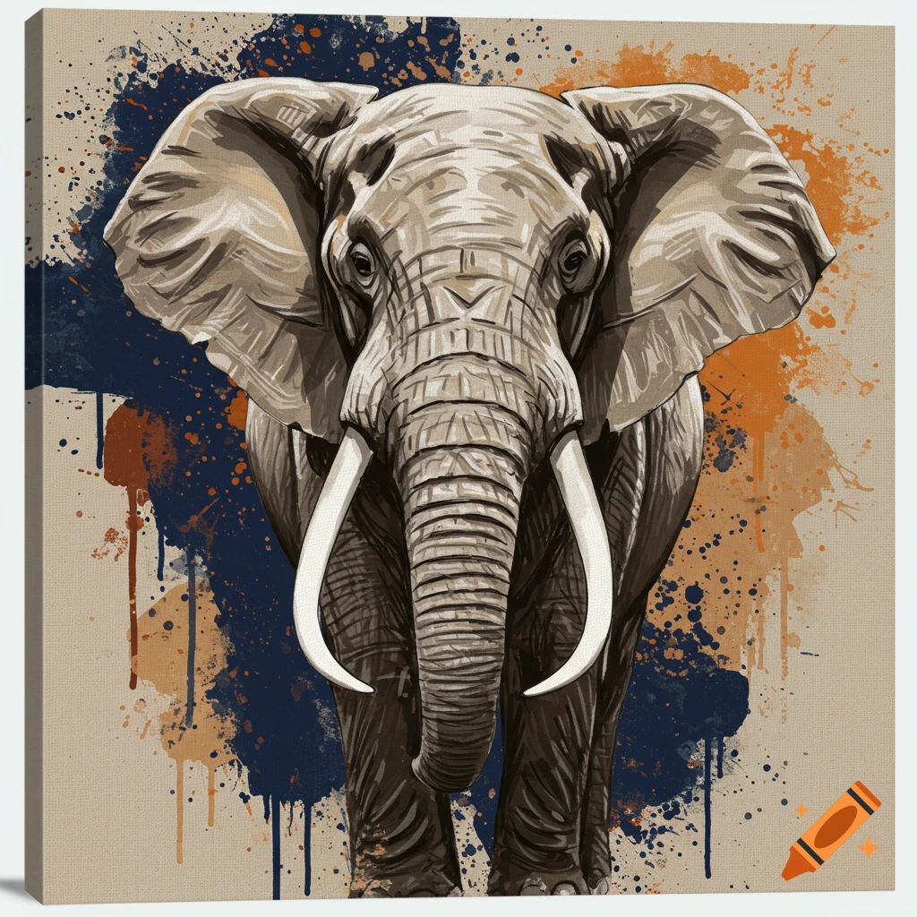 Detailed handmade painting of a front-facing African elephant with large tusks, against an abstract background of blue and orange paint splashes.