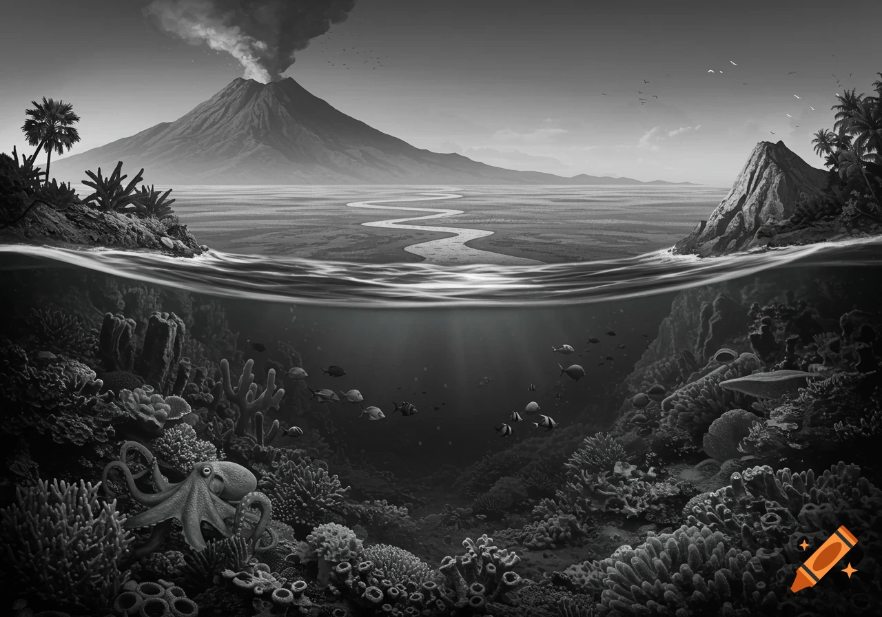 Black and white split image of a volcanic island with a winding river above water and an underwater coral reef with an octopus and fish.