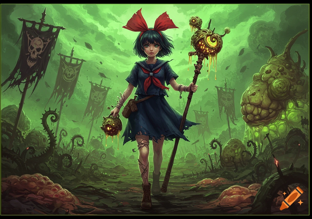 An anime girl with short dark hair and a red bow, dressed in a tattered blue sailor fuku, stands in a vibrant green, decaying wasteland. She holds a staff adorned with glowing, dripping eyes and a small, similarly grotesque lantern. Ghastly banners, twisted plants, and a huge monstrous creature fill the background, rendered in a detailed, stylized art style.