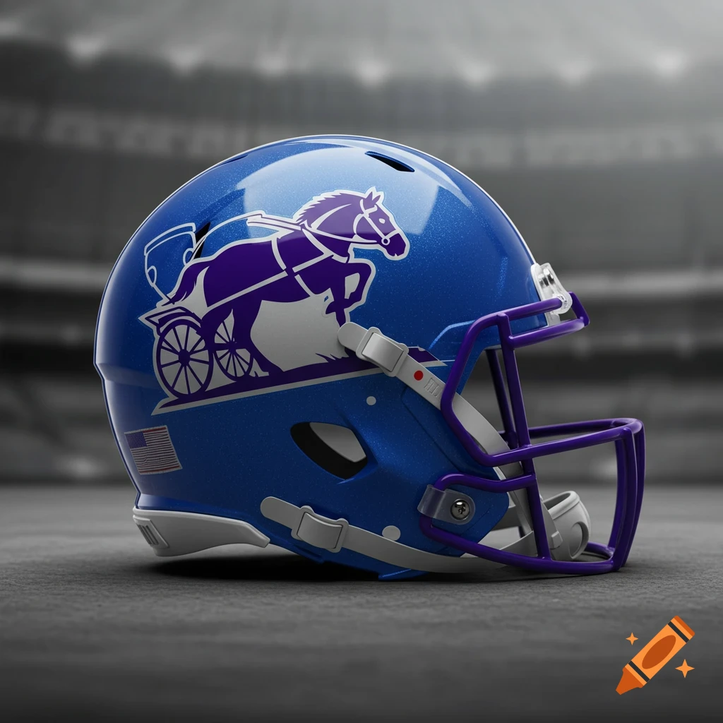 A shiny blue American football helmet with a purple and white horse and buggy logo, set against a blurred stadium background.