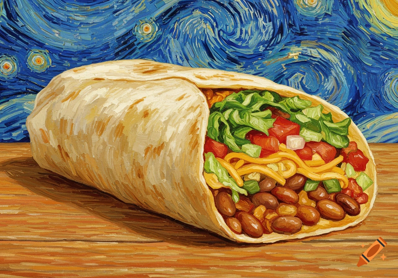 A vibrant painting of a loaded burrito in Van Gogh's impasto style, with a starry, swirling blue background and wooden table.