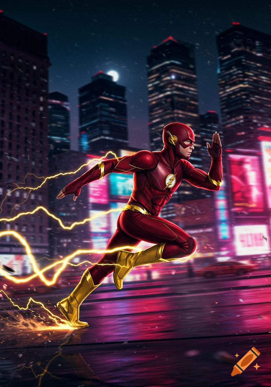 The Flash speeds through a vibrant neon-lit city street at night, trailing yellow lightning. Comic art style.