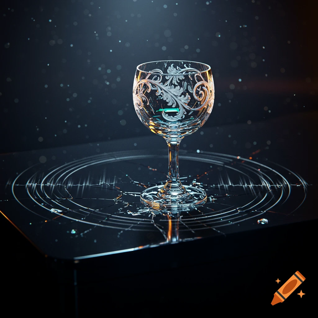 An intricately engraved glass sits on a dark, cracked surface with shimmering light and bokeh effects in the background. Photorealistic style.