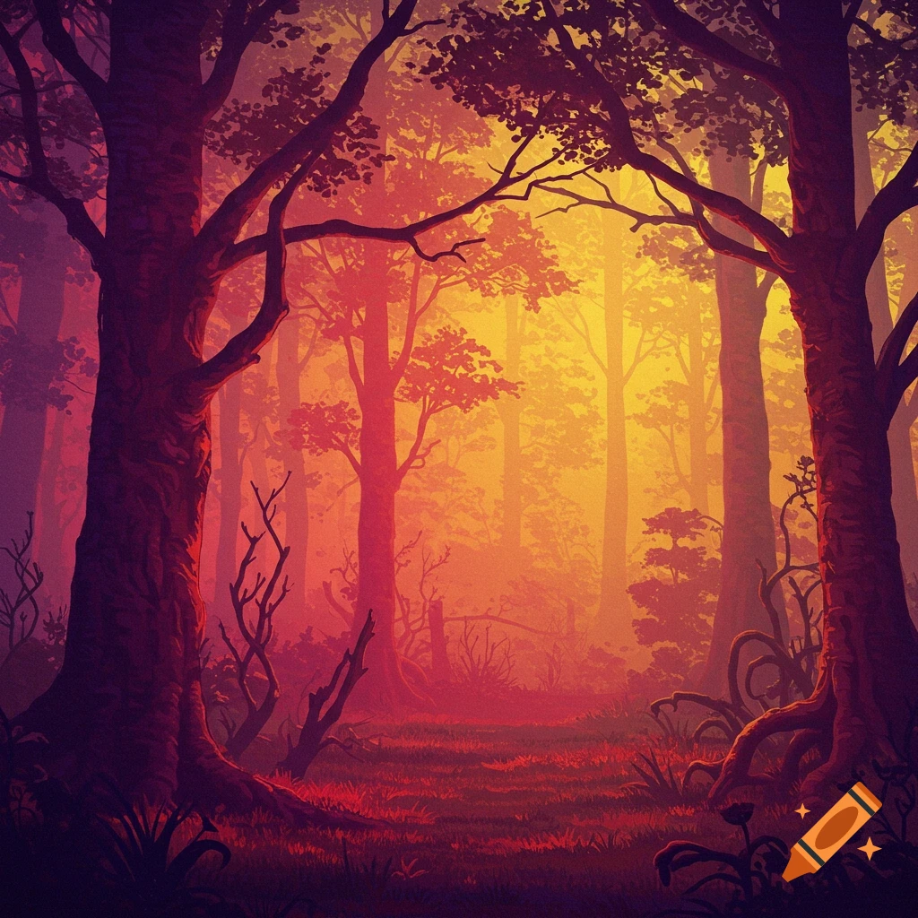 A psychedelic, mystical forest with vibrant red, purple, orange, and yellow hues, dramatic lighting, and silhouetted trees in a retro poster style.