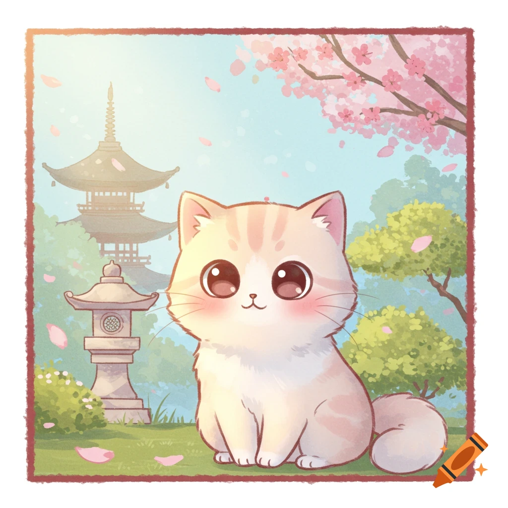 A cute cartoon cat with big eyes sits in a Japanese garden with cherry blossoms, a pagoda, and a stone lantern.