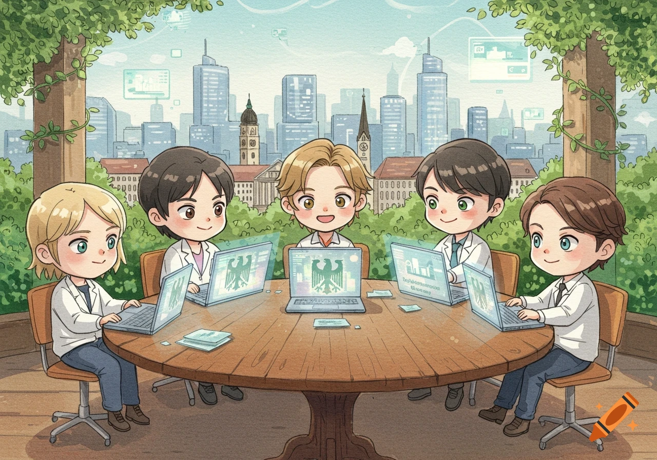 Five chibi anime characters in a watercolor style working on laptops at a round table with a city skyline in the background.