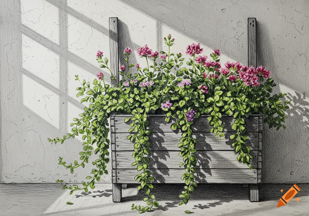 Colored pencil drawing of a wooden planter with pink flowers and green vines against a textured wall, bathed in window shadows.