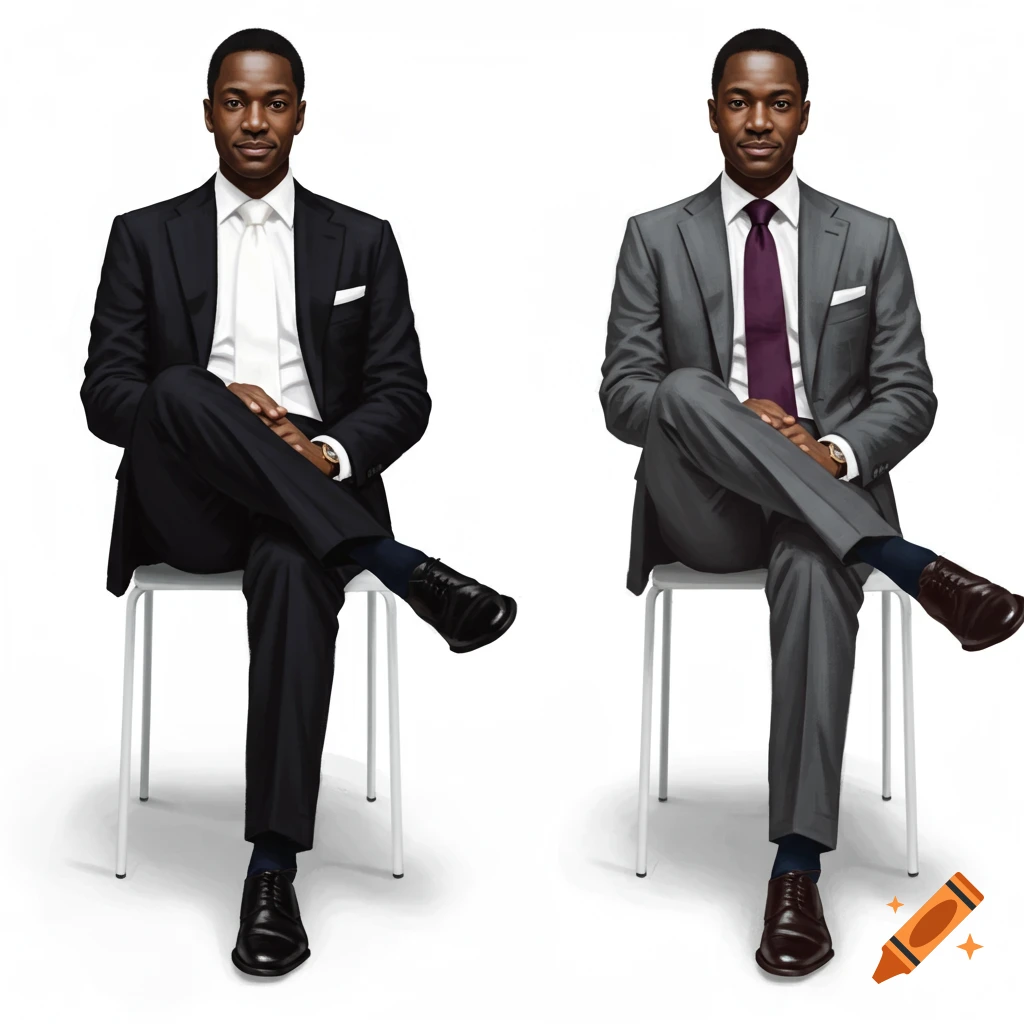 Two men in suits, sitting with crossed legs against a white background; one wears black with a white tie, the other gray with a purple tie.