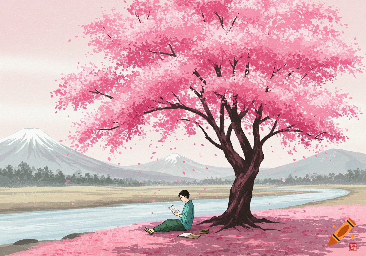 A person reads under a vibrant pink cherry blossom tree beside a river with mountains in the background, in a traditional Japanese art style.
