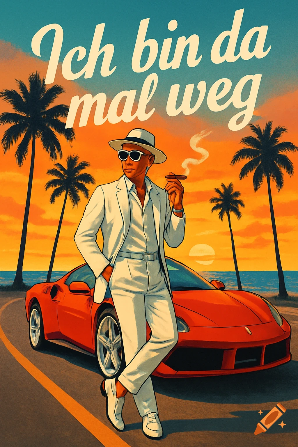 Illustration of a man in a white suit and hat with a cigar leaning on a red Ferrari on a beach road at sunset, with text 'Ich bin da mal weg'.