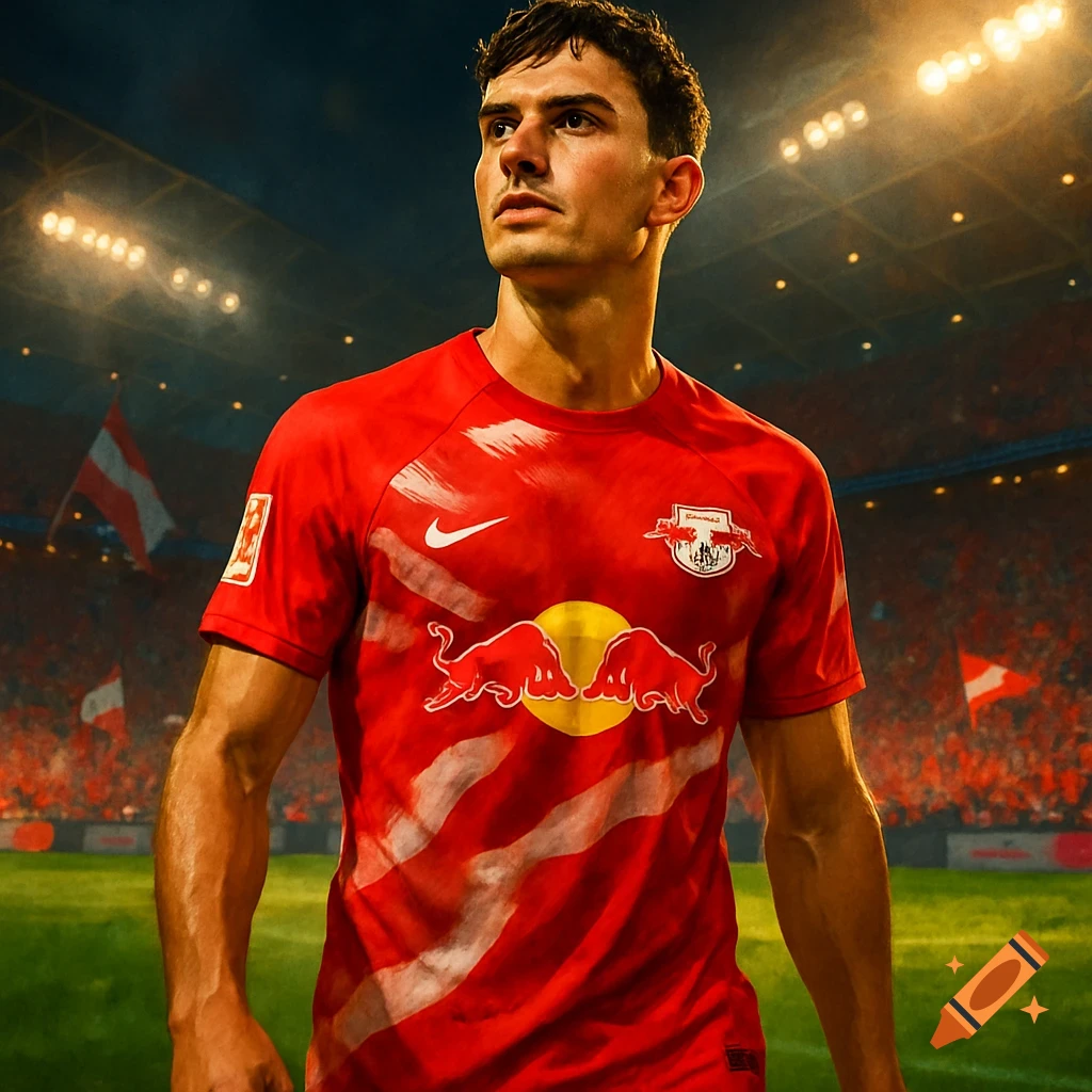 A male soccer player in a red RB Leipzig jersey stands on a stadium field at night, looking intently to his right.