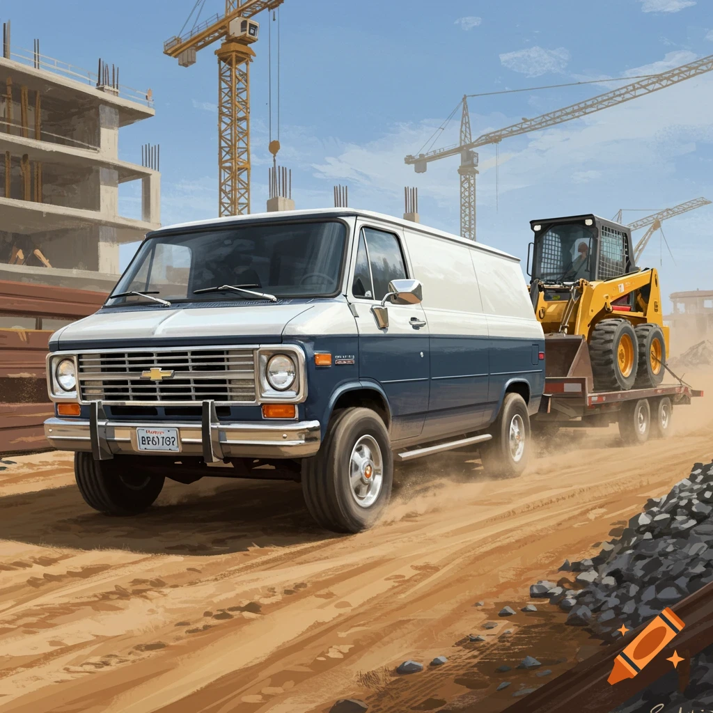 A two-toned blue and white 1980 Chevrolet G20 van drives on a dirt road at a construction site, pulling a trailer with a yellow skid steer loader. Tall cranes and an unfinished building are in the background.