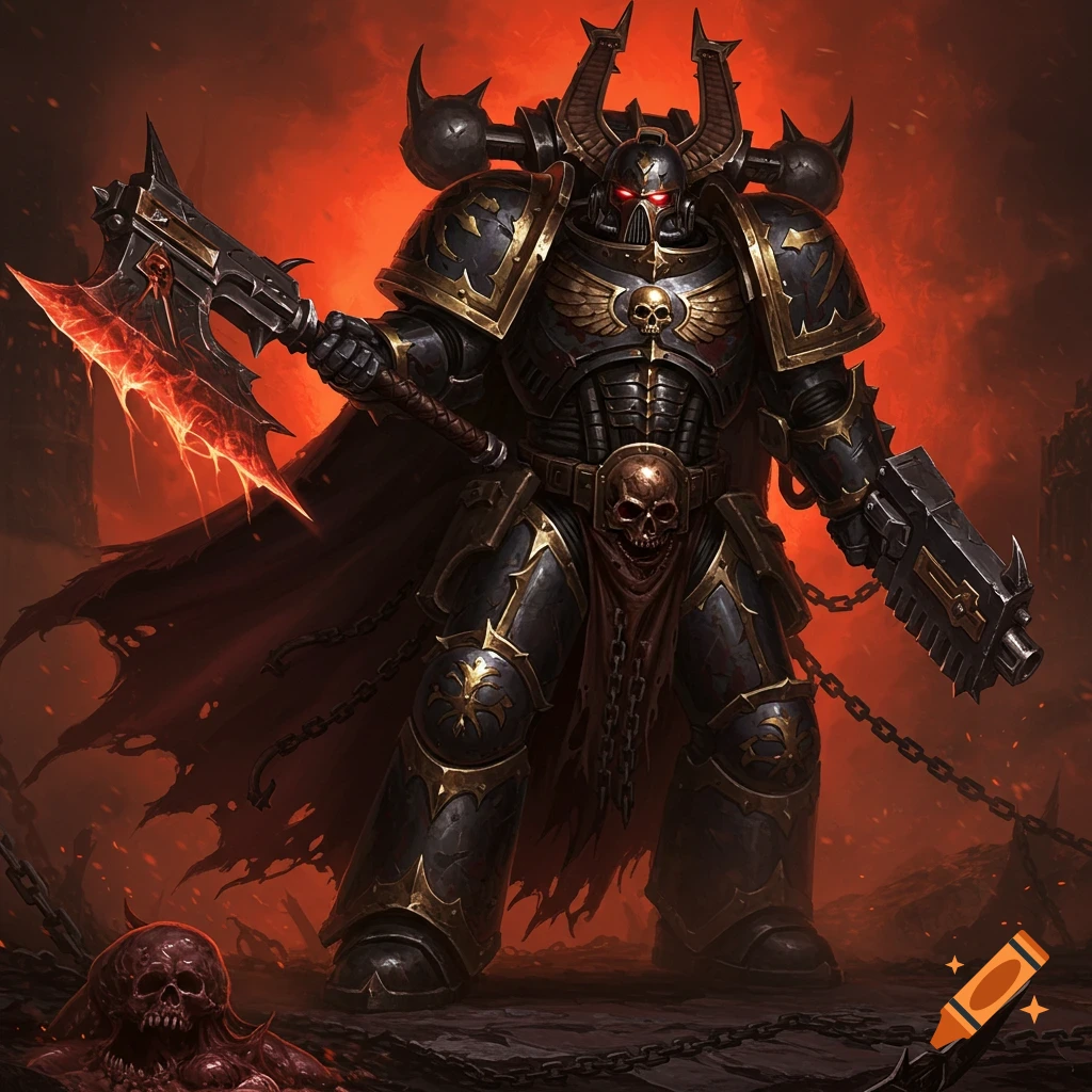 A menacing Chaos Space Marine in black and gold armor, holding a glowing chain axe, standing on chains and skulls with a fiery red background.