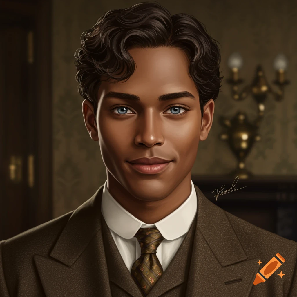 A young man with dark skin, curly dark hair, and blue eyes, wearing a vintage brown suit, smiles at the viewer. Realistic illustration.
