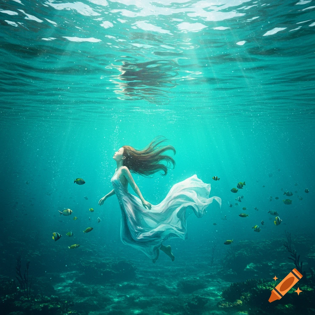 A woman in a flowing dress floats gracefully underwater, surrounded by fish and coral, with light rays piercing the surface.