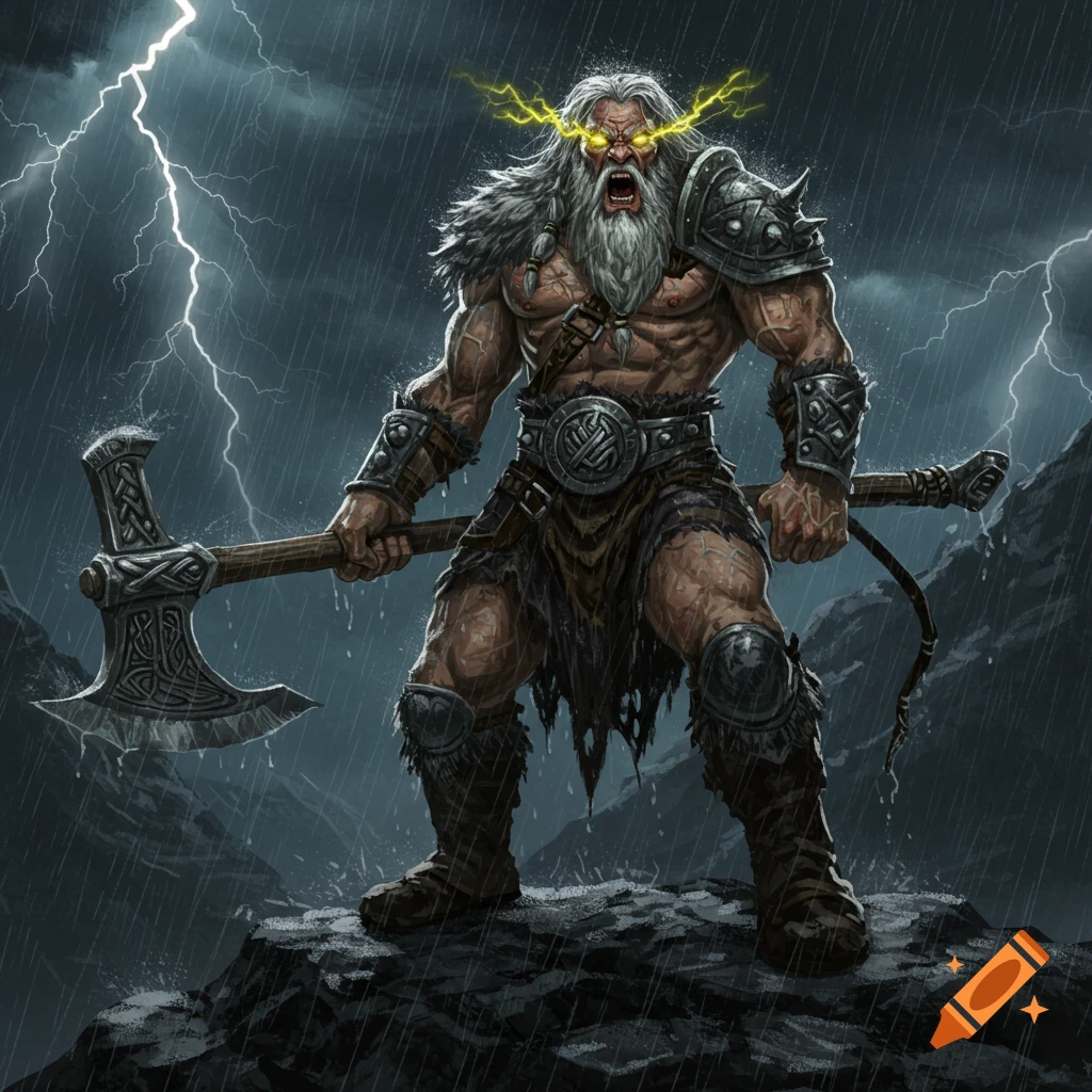 Muscular barbarian with long grey beard and glowing eyes, roaring and holding an axe on a stormy mountain peak with lightning.