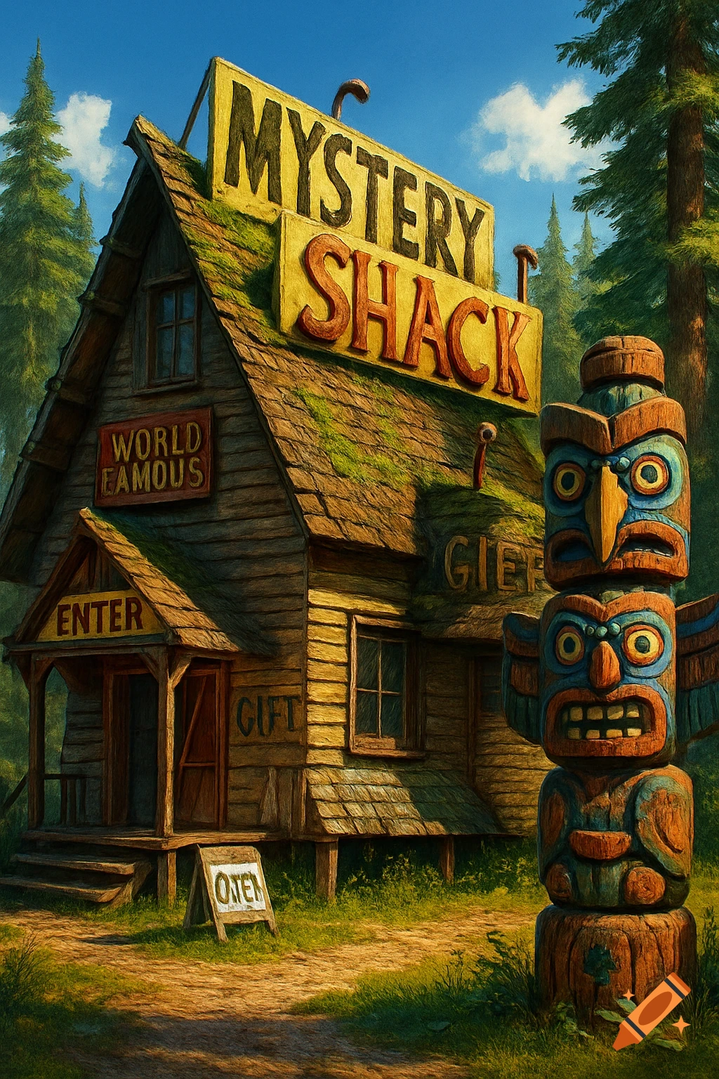 Hyperdetailed digital painting of the Gravity Falls Mystery Shack and a quirky totem pole under bright sunlight, vibrant and pop-art-like.