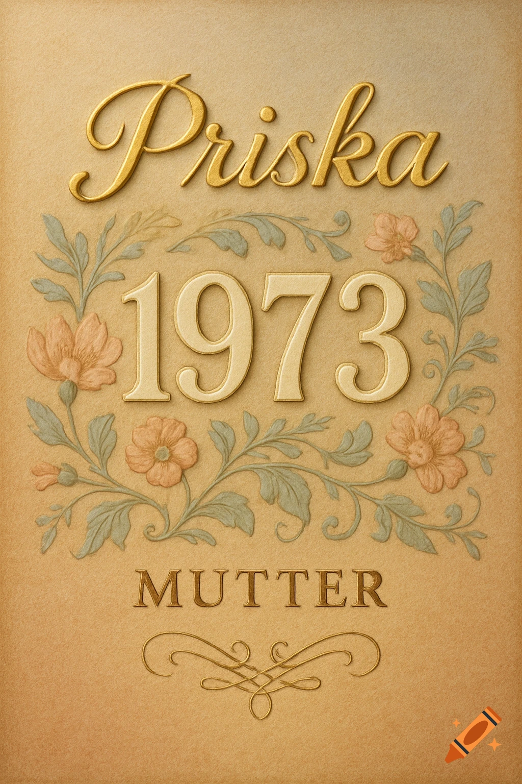 Vintage-style greeting card with gold embossed text 'Priska', '1973', and 'MUTTER' surrounded by elegant floral designs on a textured beige background.