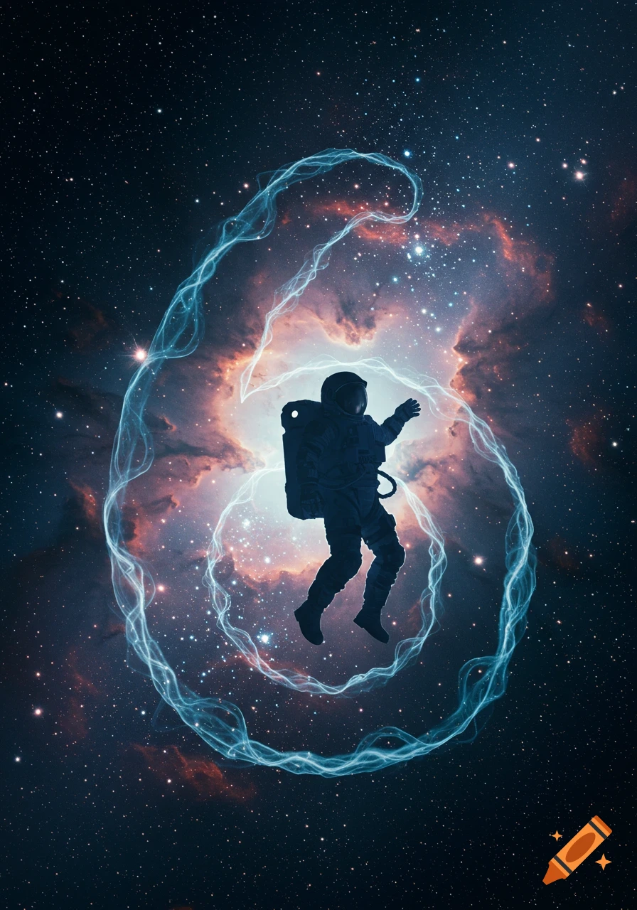 Silhouette of an astronaut floating in space amidst stars and a nebula, encircled by a glowing blue light trail forming the number 6.
