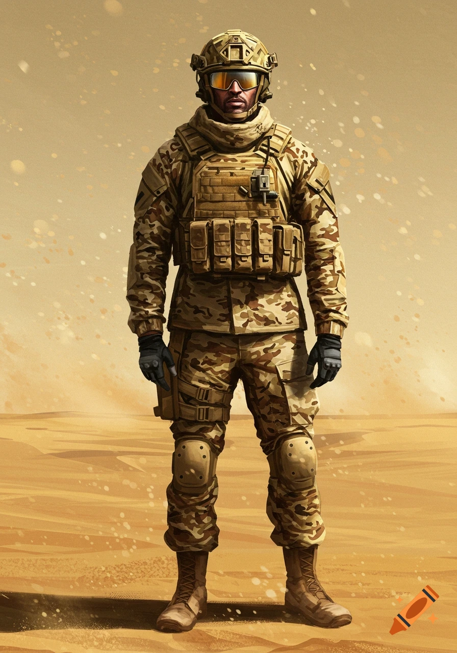 A photorealistic soldier in desert camouflage, helmet, and sunglasses stands in a sandy landscape.