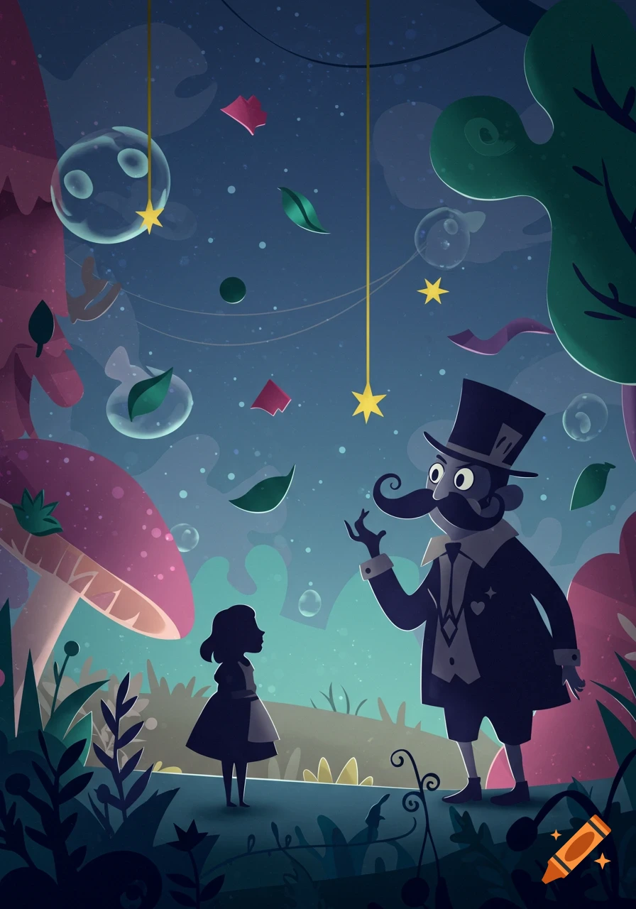 A stylized illustration of a small girl and a man with a mustache and top hat in a whimsical, dark fantasy forest with giant mushrooms and floating elements.
