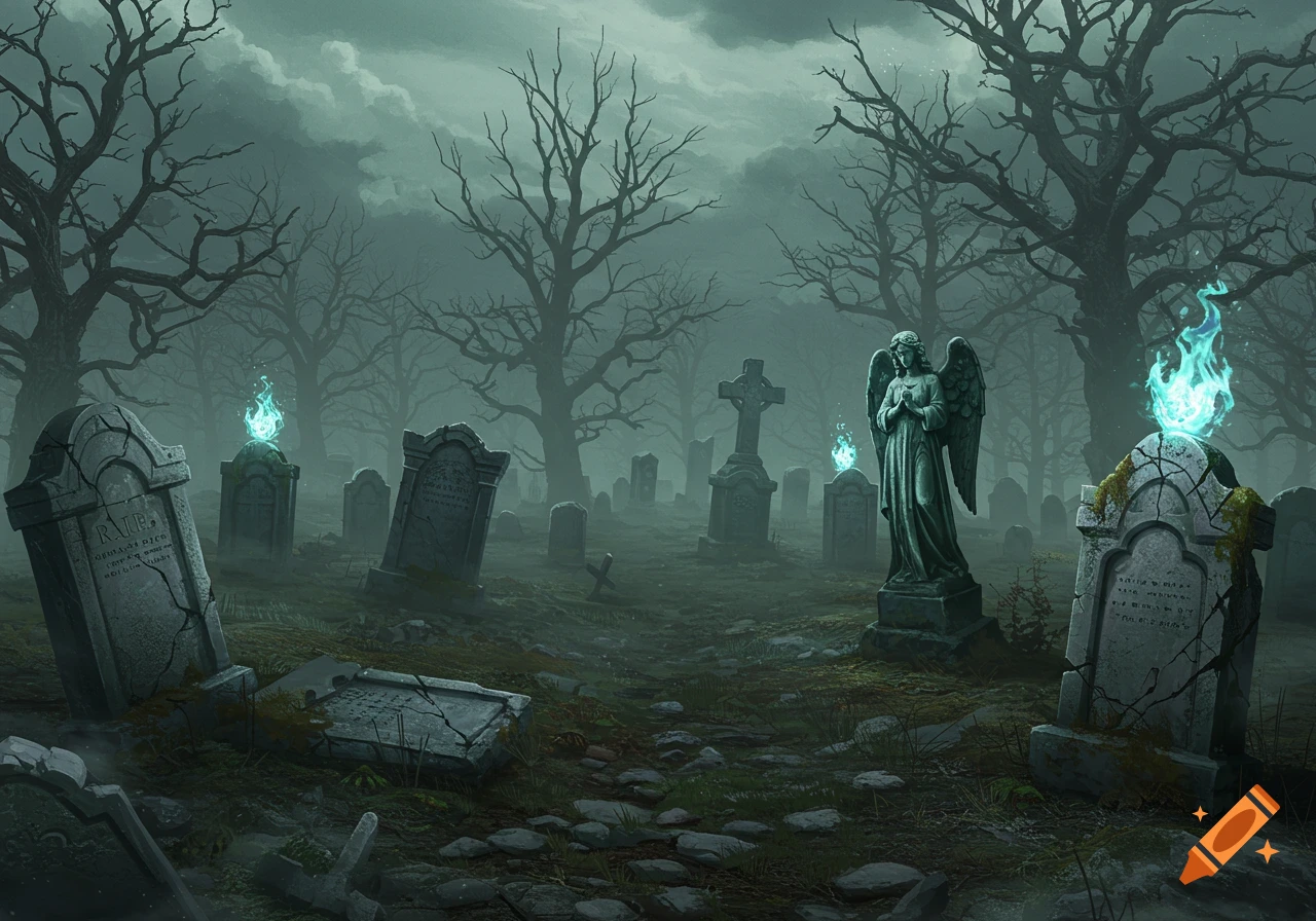A dark, atmospheric haunted graveyard with glowing blue flames, bare trees, and weathered tombstones, including an angel statue.
