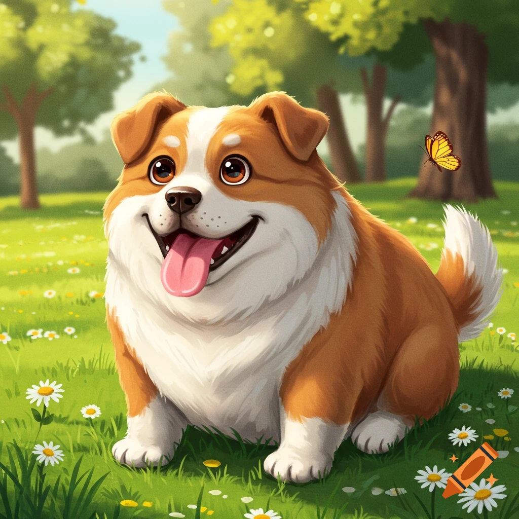 A happy, plump, cartoon corgi dog with a butterfly in a sunny park filled with daisies.