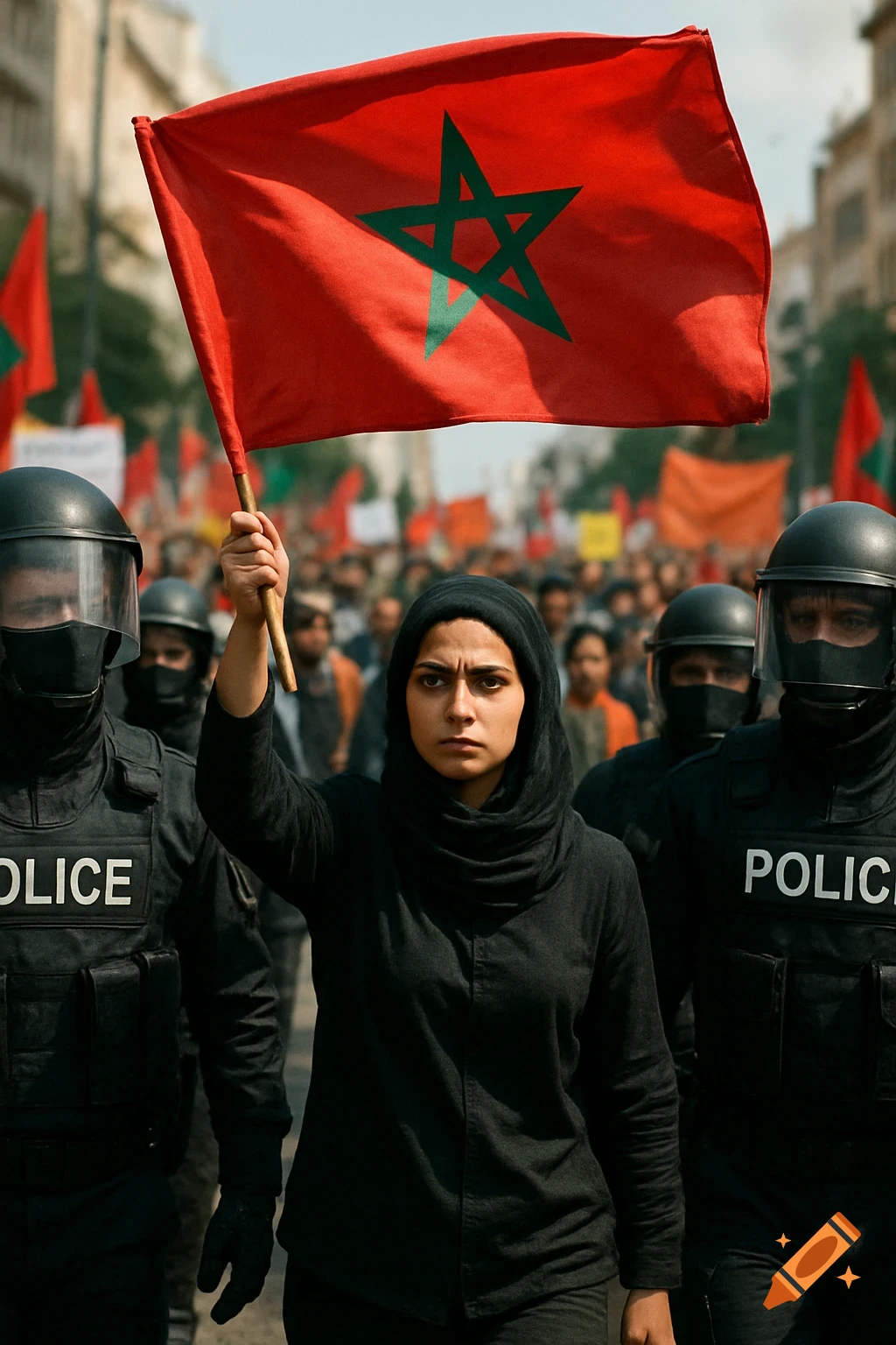A Moroccan woman in black holds a red flag with a green star during a street protest, surrounded by police officers in black uniforms.