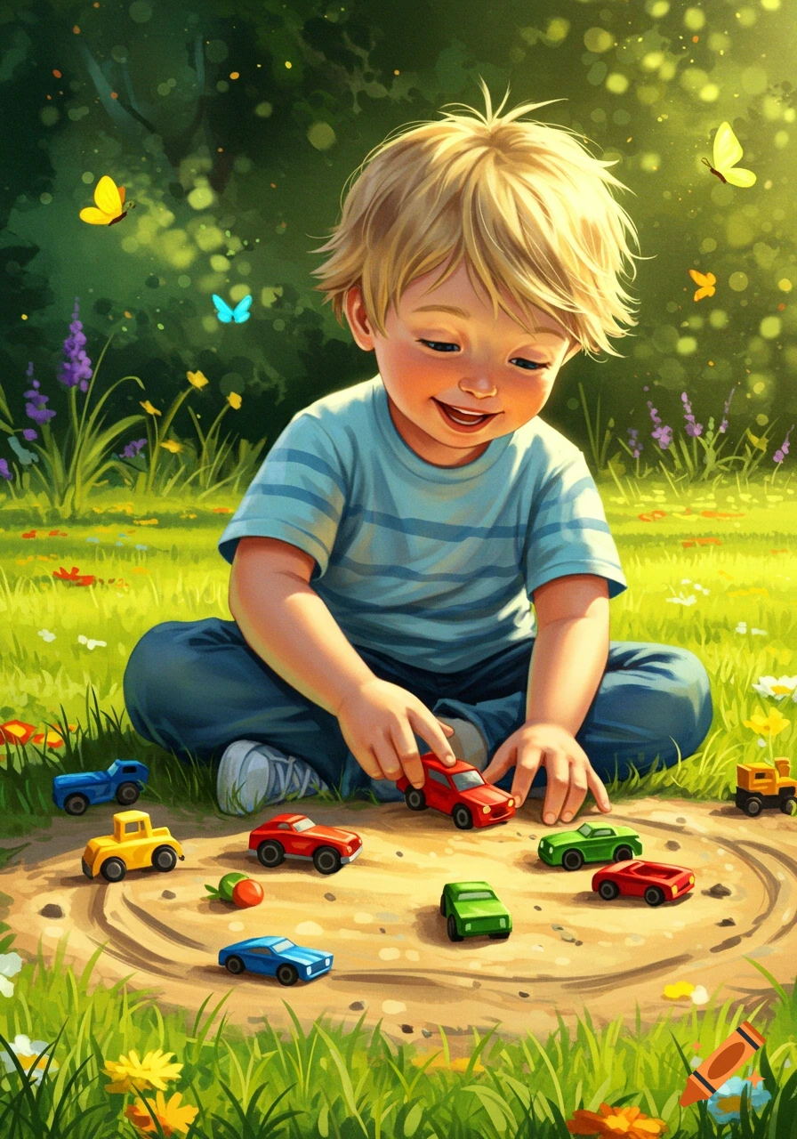 Illustrated blonde boy happily playing with colorful toy cars on a dirt patch in a sunny grassy field with butterflies.