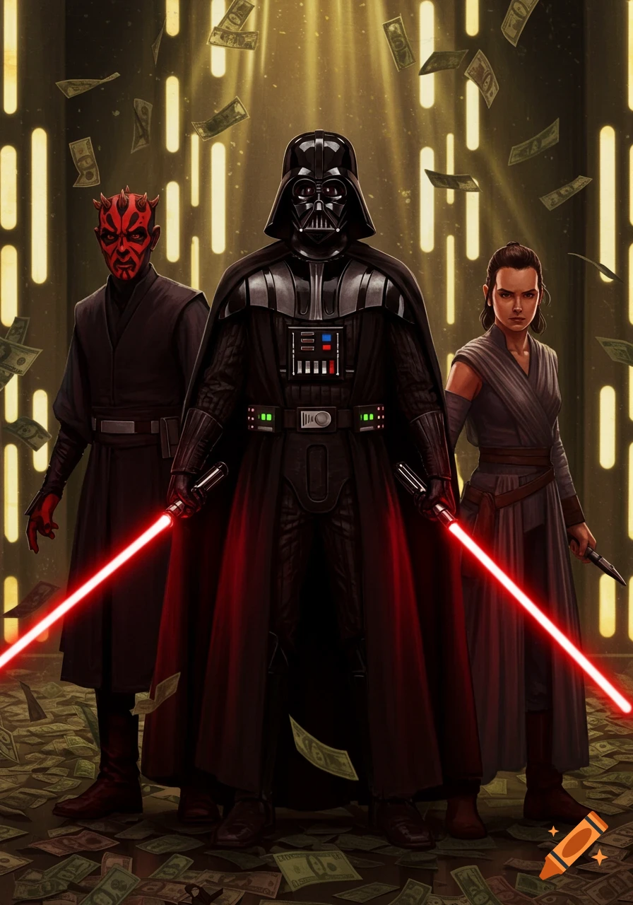 Darth Vader, Darth Maul, and Rey with red lightsabers stand amidst falling money in a dark, glowing corridor.