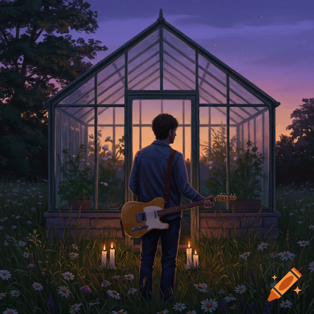 An illustrated man holding a guitar stands facing a greenhouse in a flower field at dusk, with candles.