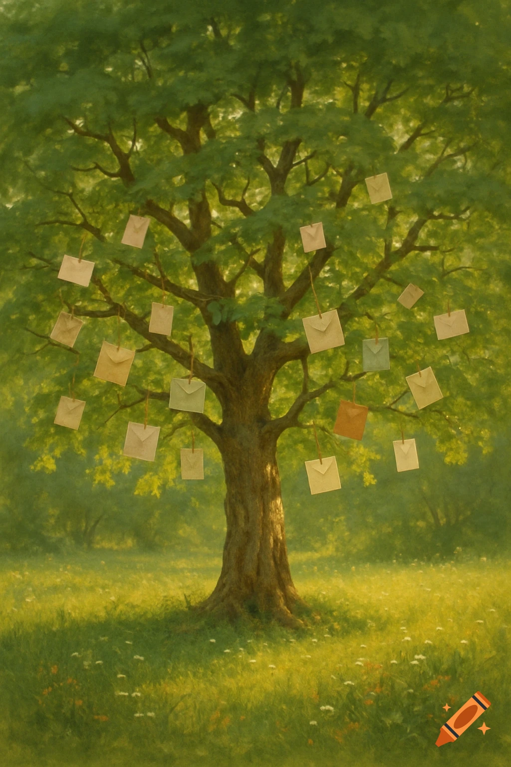 A sycamore tree with many light-colored envelopes hanging from its branches and leaves, set in a green, sunlit field.