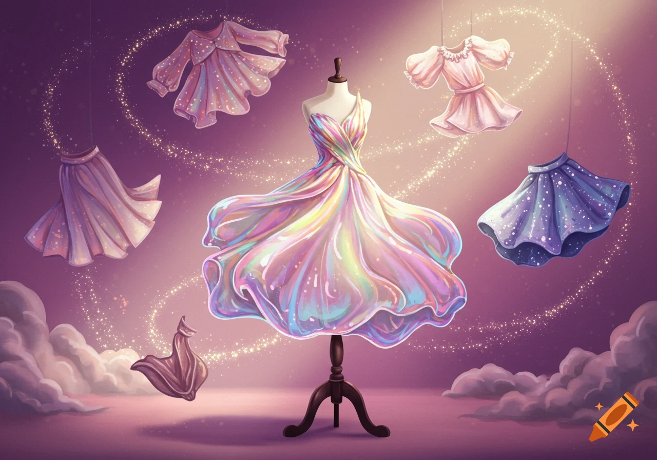 An iridescent dress on a mannequin, with floating pastel dresses and skirts, sparkling lights, and clouds on a purple background.