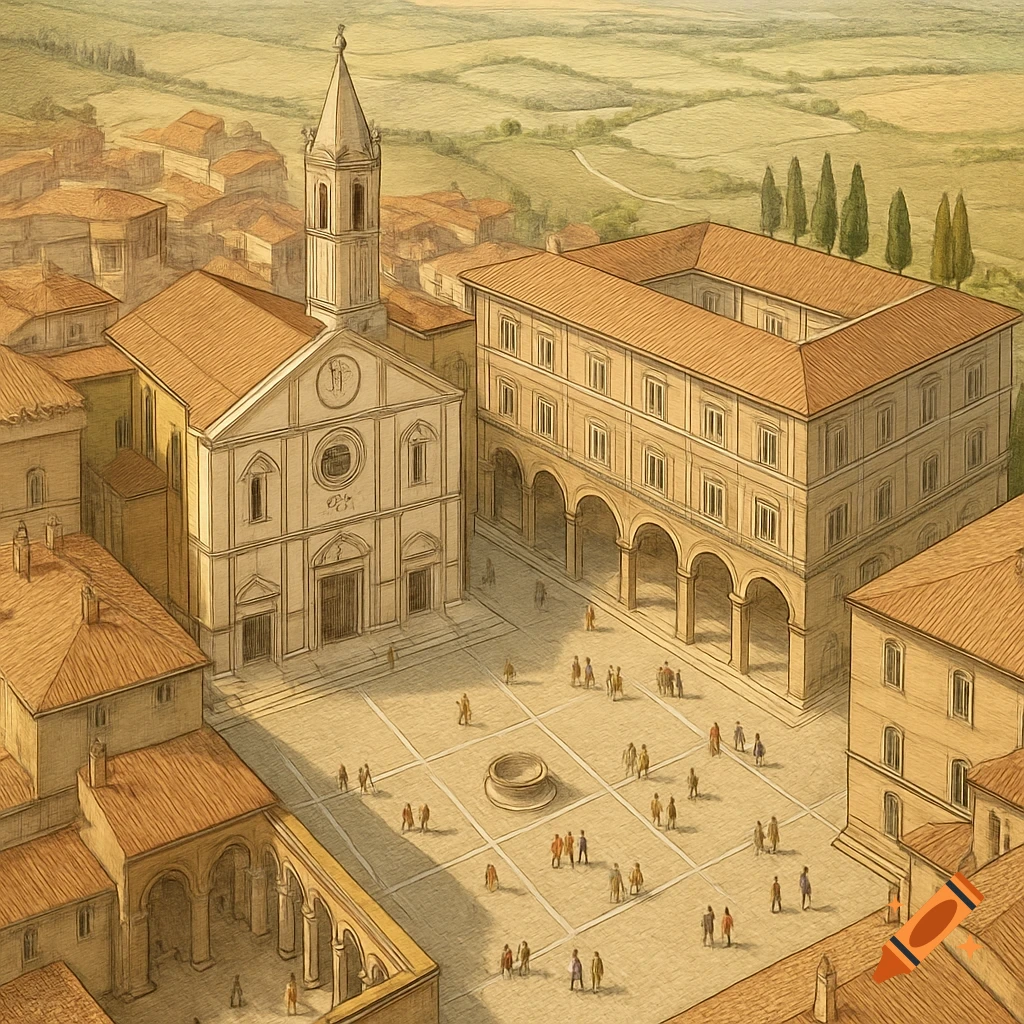 Aerial illustration of a historic European town square with a large church, grand palace, fountain, and many people, set against rolling hills.