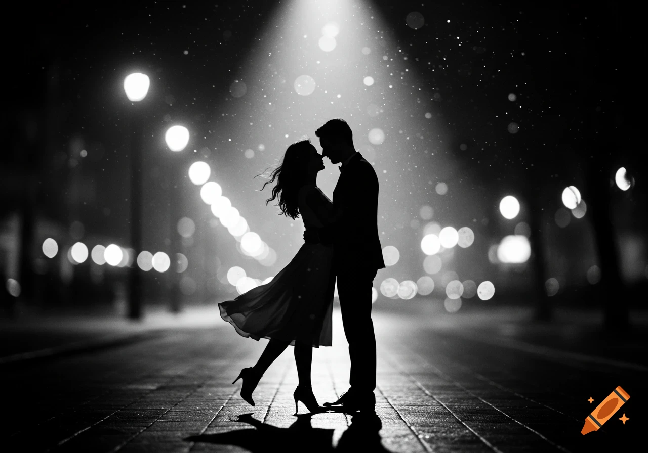 Black and white silhouette of a couple embracing on a wet city street at night, under a spotlight with bokeh lights.