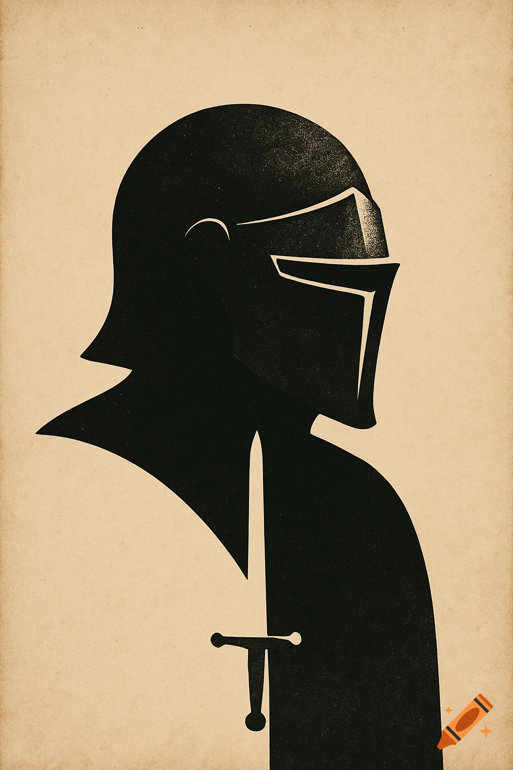 Minimalist black silhouette of a knight wearing a helmet, with a sword, on a beige background.