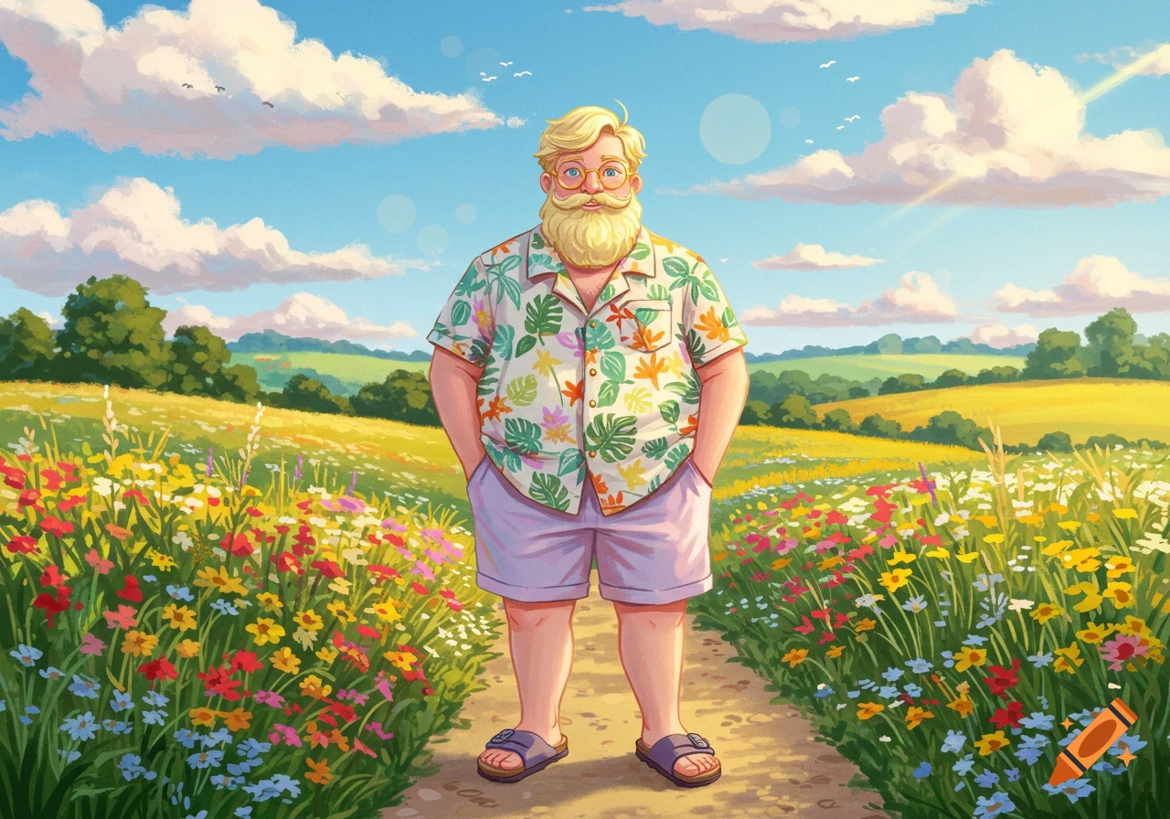 Overweight blonde bearded man in a colorful Hawaiian shirt and shorts, standing on a path in a vibrant flower field under a sunny blue sky.
