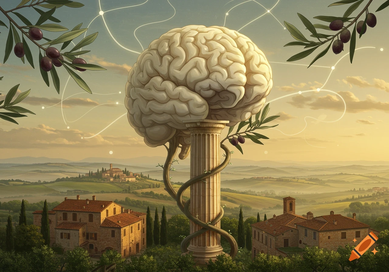 A large brain rests on a classical pillar in a surreal Italian landscape with rolling hills, villas, and olive branches.