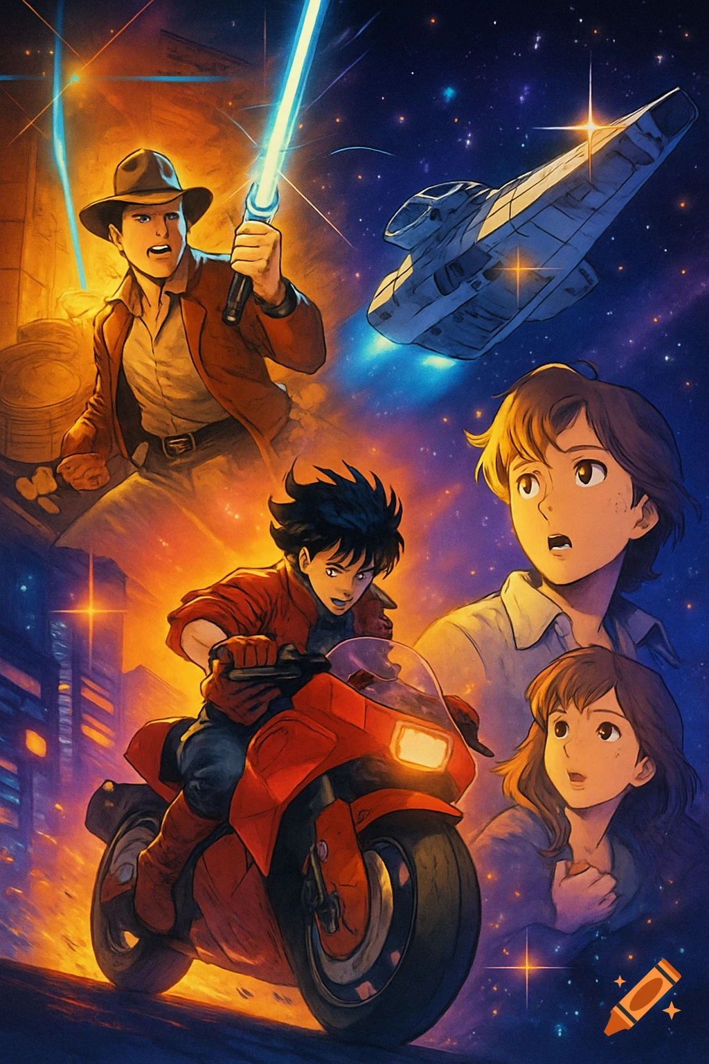 Anime style collage showing a man with a glowing sword, a spaceship, a character on a red motorcycle, and two other characters against a starry night and city lights.