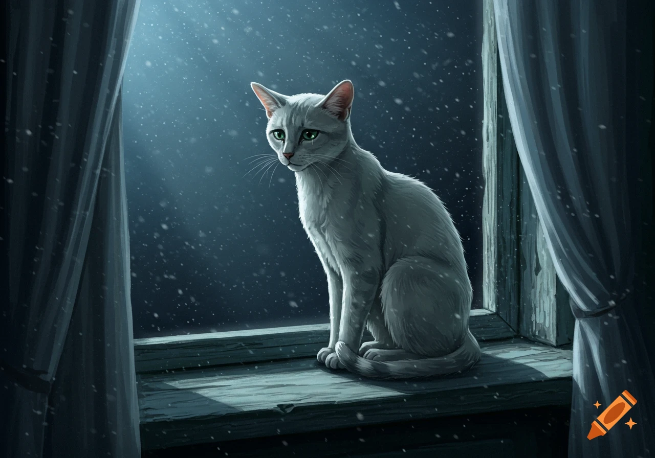 A sad grey cat with green eyes sits on a window sill, watching snow fall at night in a dramatic digital painting.