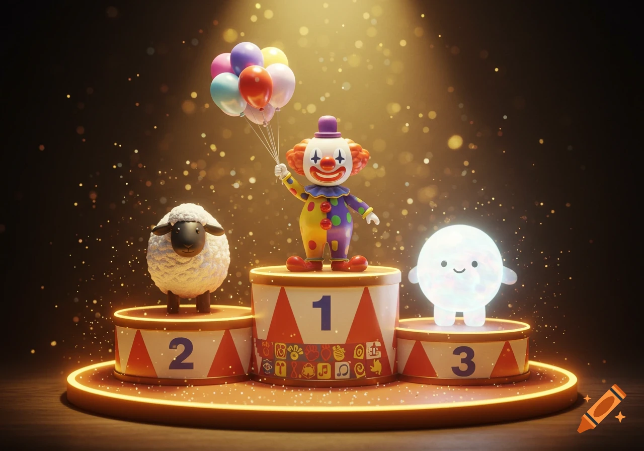 A clown holding balloons on podium 1, a sheep on podium 2, and a glowing character on podium 3, in a spotlight.