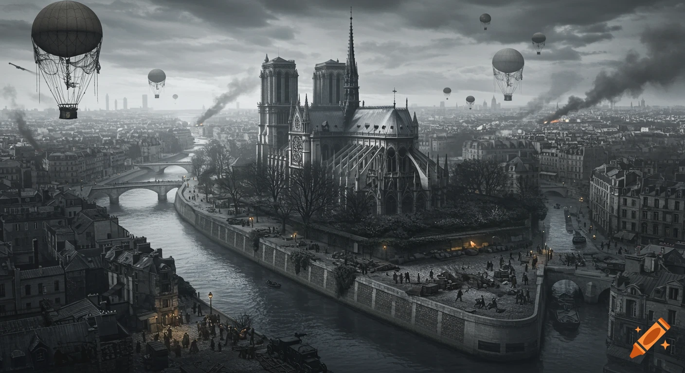 Dark grayscale aerial view of Notre Dame and the Ile de la Cite in Paris, with hot air balloons, smoke, and river bridges.