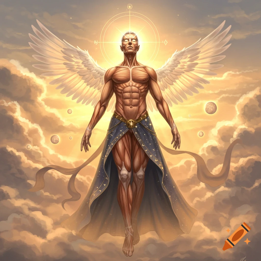 A muscular, winged, god-like figure with exposed anatomy floats among golden clouds, bathed in celestial light.