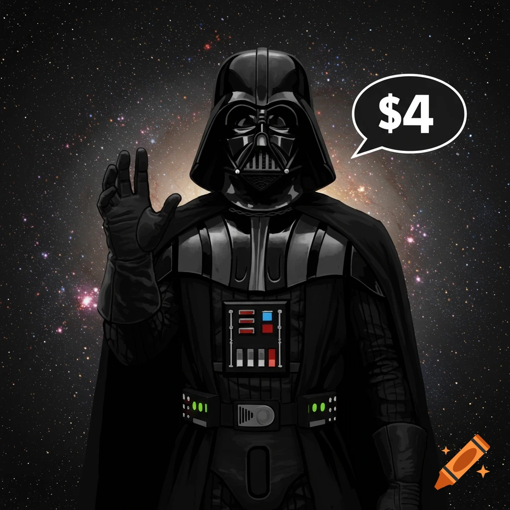 Darth Vader holds up four fingers with a speech bubble saying "$4" against a starry space background.