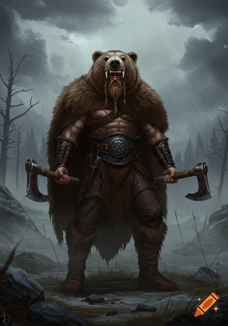 Fierce Viking berserker with a bear head helmet and fur cloak, holding two axes, standing in a stormy, barren landscape. Digital fantasy art.