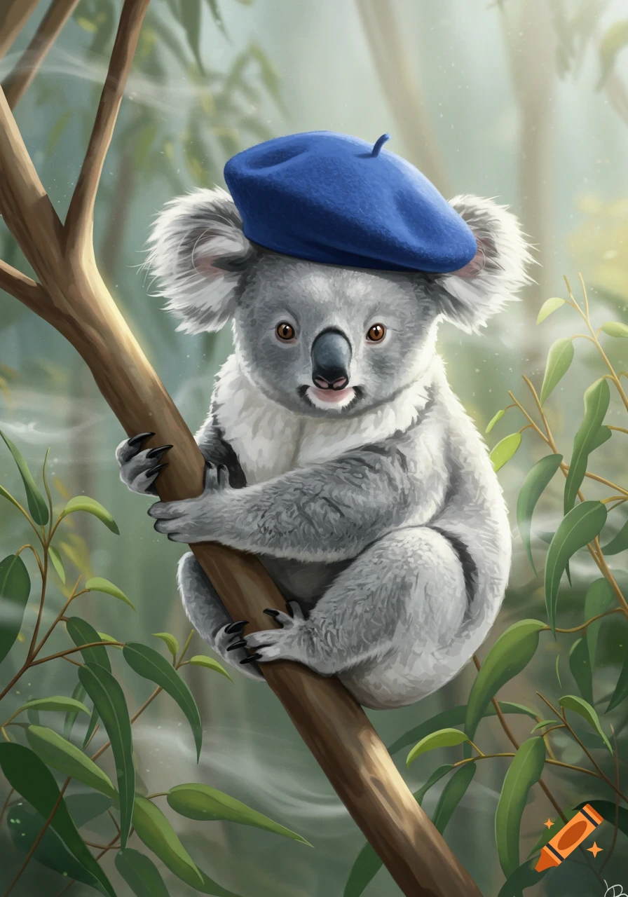 Cute illustrated koala wearing a blue beret, sitting on a tree branch among eucalyptus leaves.