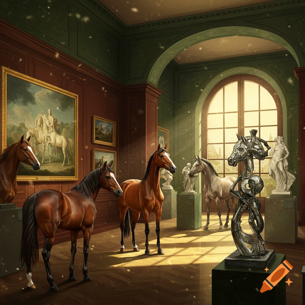 A grand museum hall filled with paintings and sculptures of horses, with live horses acting as patrons and exhibits under sunlight.